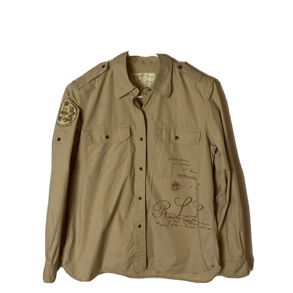 VINTAGE LRL Ralph Lauren W Sz PM 100% Cotton Shirt Embroidery Patches Writing